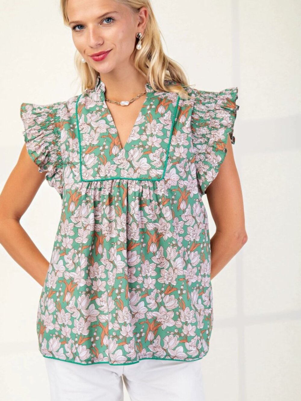 V Neck Blouse with V Neck smocked ruffle sleeve